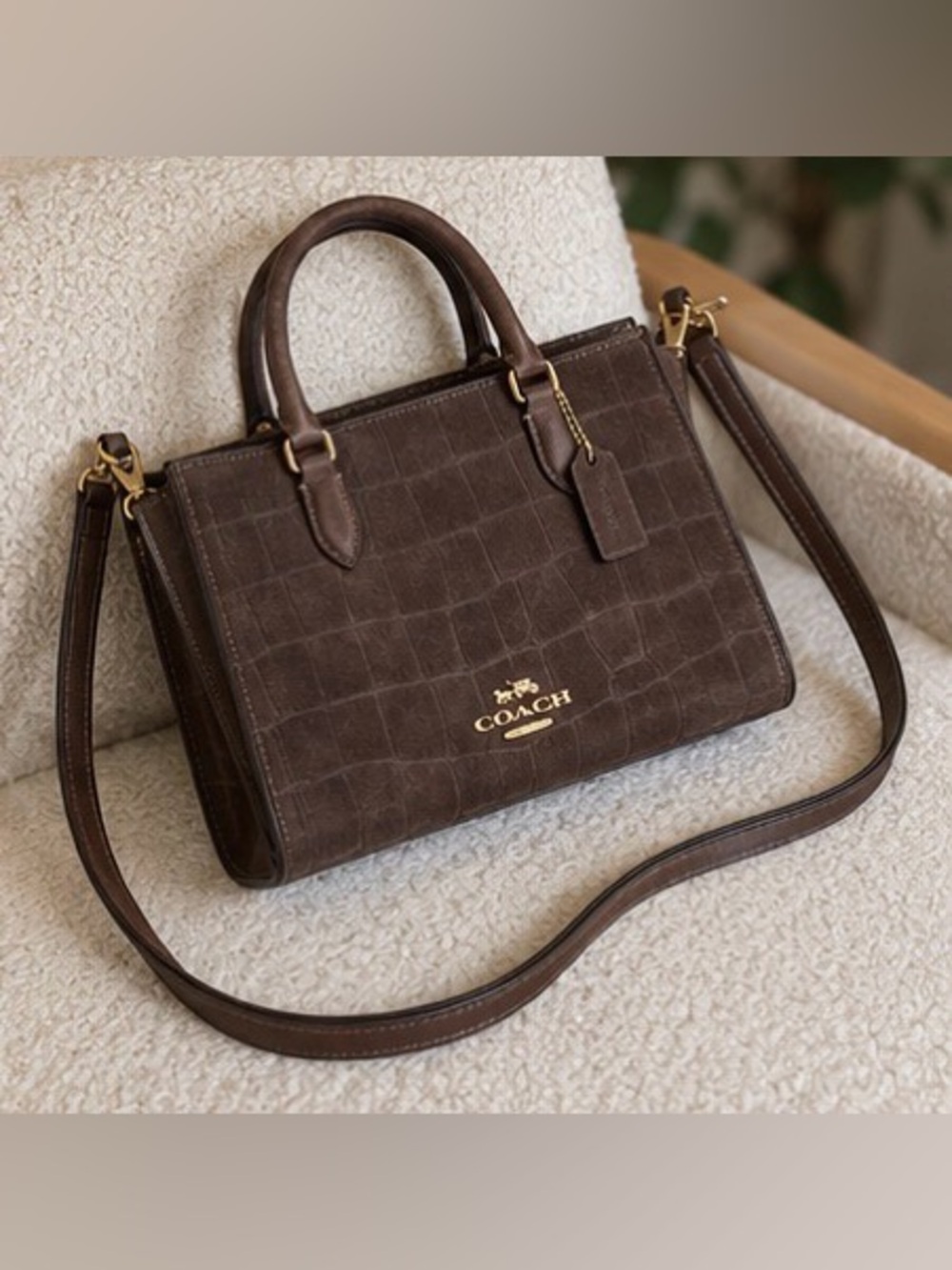 Coach Maggie Small Tote Croc Embossed Suede Brown Gold CCC71 - Picture 4 of 7